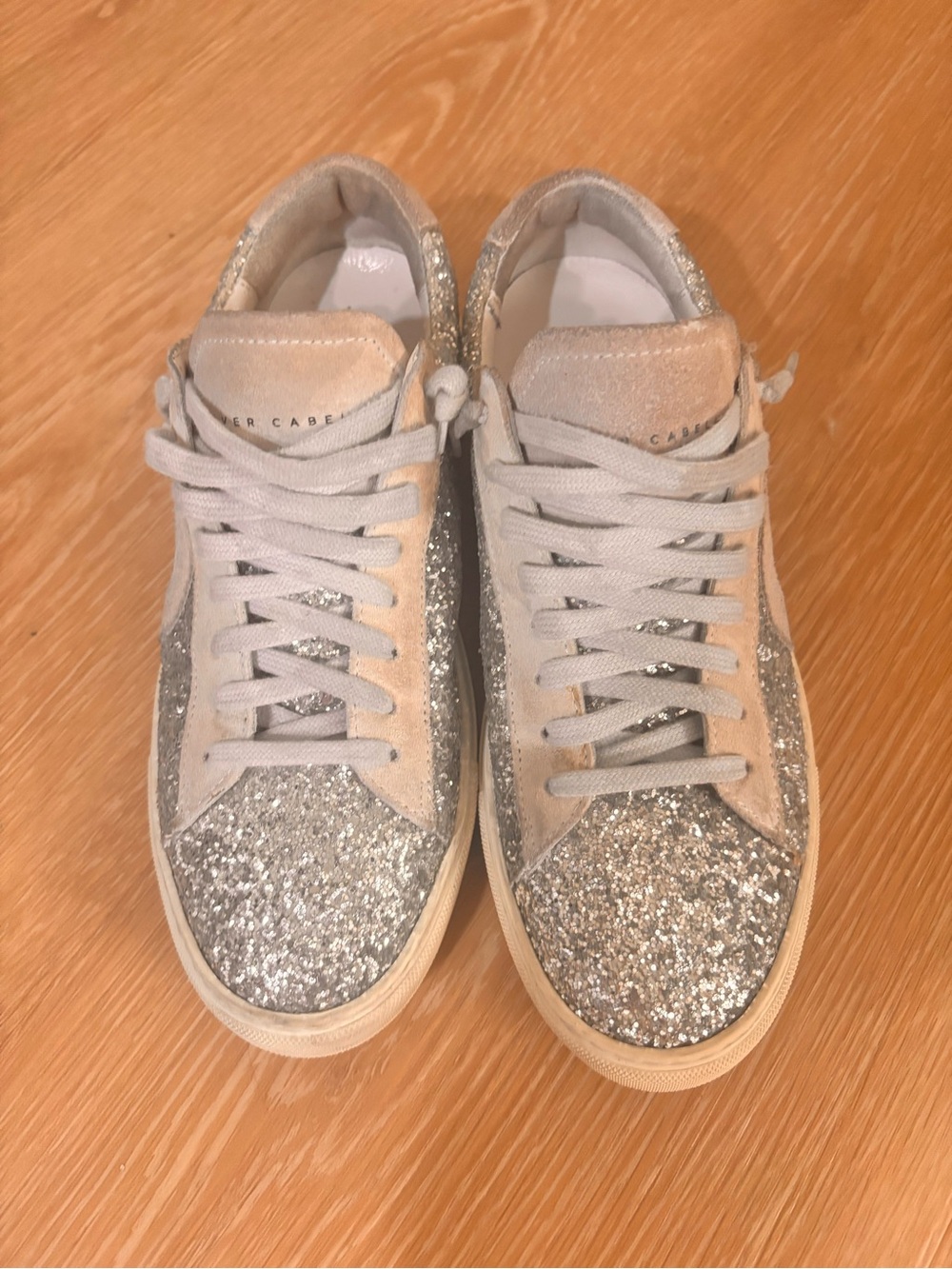 Oliver Cabell Silver Glitter Low-Top Sneakers with Neutral Suede